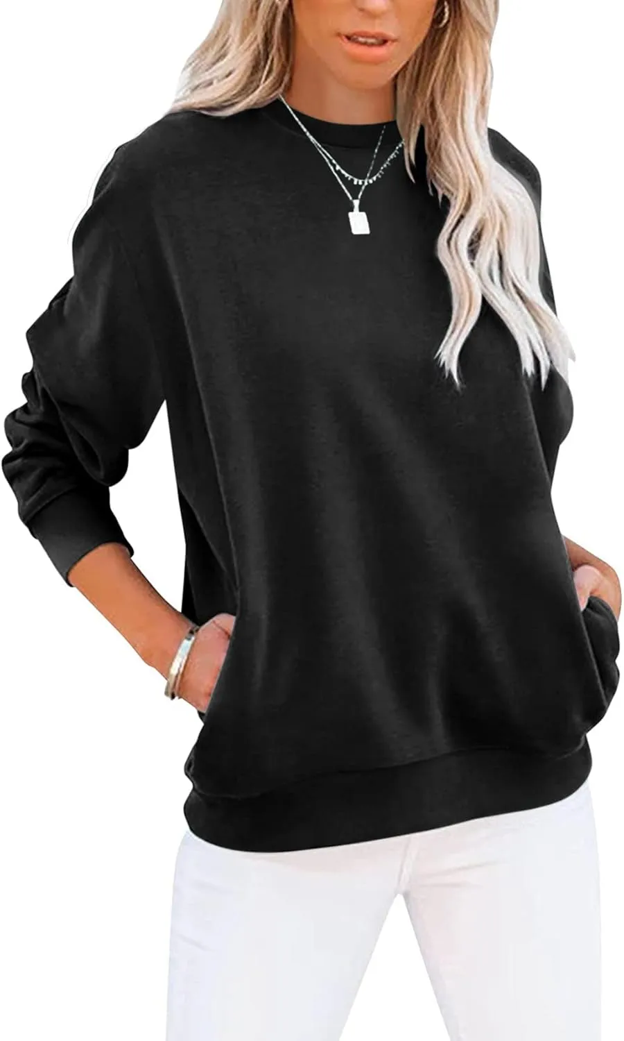 Women’s Casual Color Block Crewneck Sweatshirt – Loose Fit with Pockets