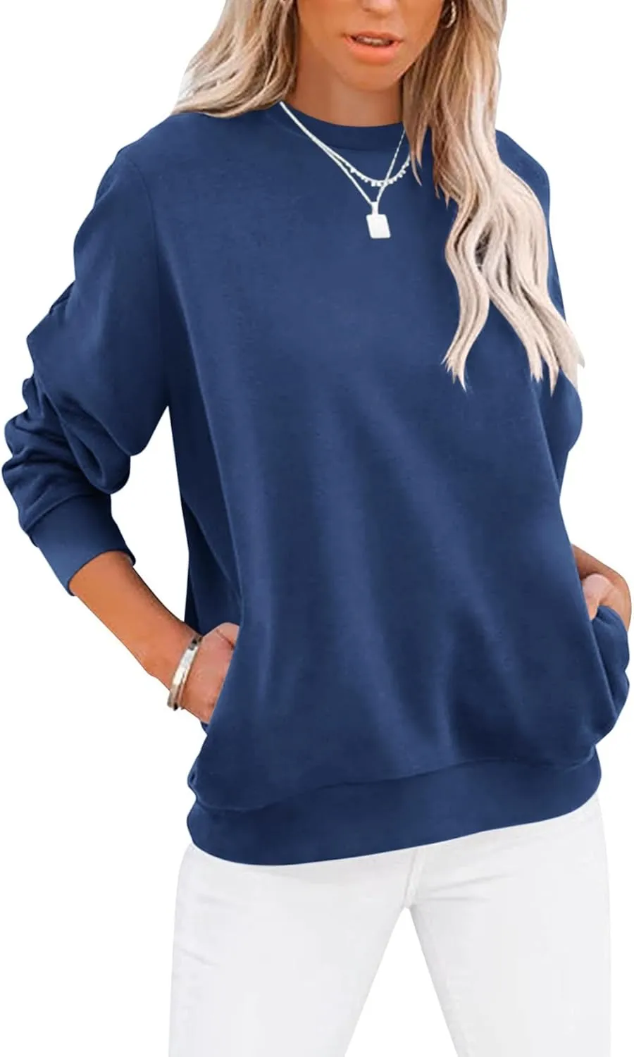 Women’s Casual Color Block Crewneck Sweatshirt – Loose Fit with Pockets