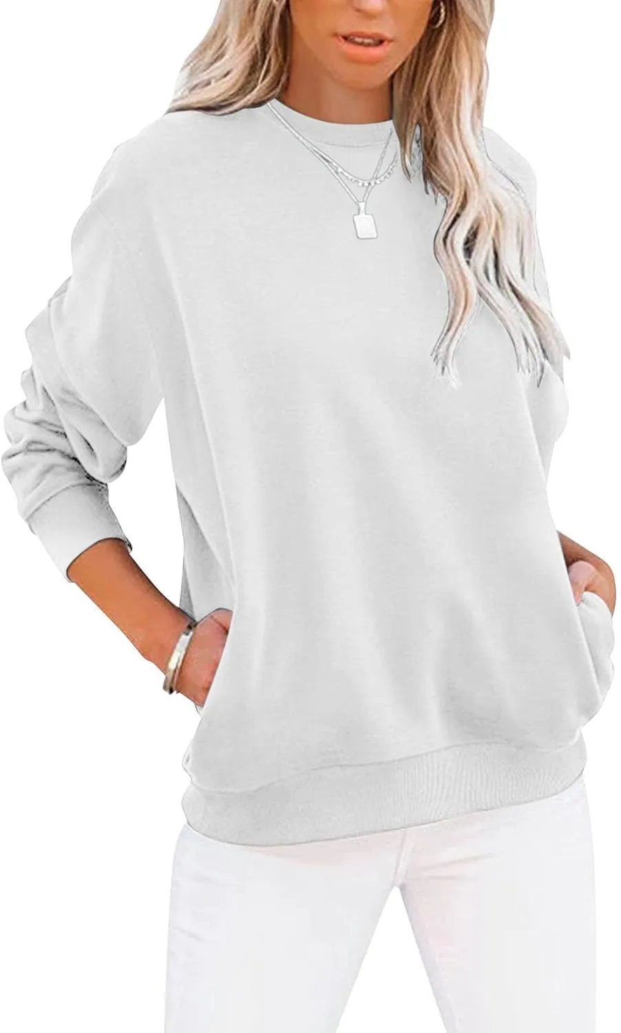 Women’s Casual Color Block Crewneck Sweatshirt – Loose Fit with Pockets