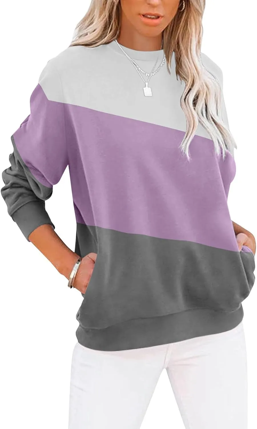 Women’s Casual Color Block Crewneck Sweatshirt – Loose Fit with Pockets