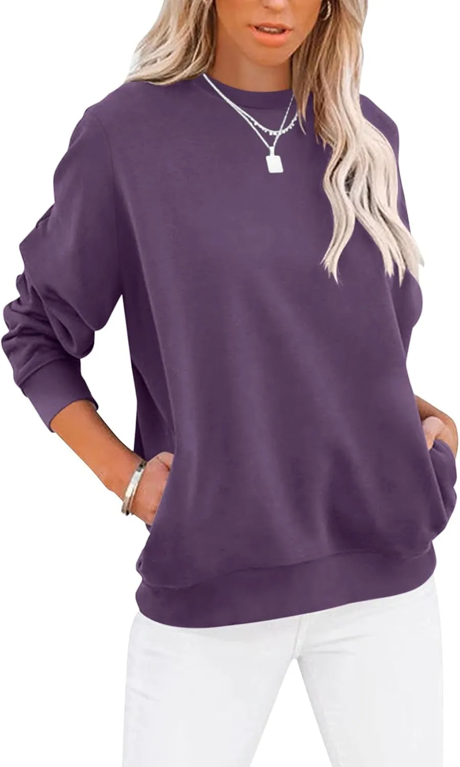 Women’s Casual Color Block Crewneck Sweatshirt – Loose Fit with Pockets