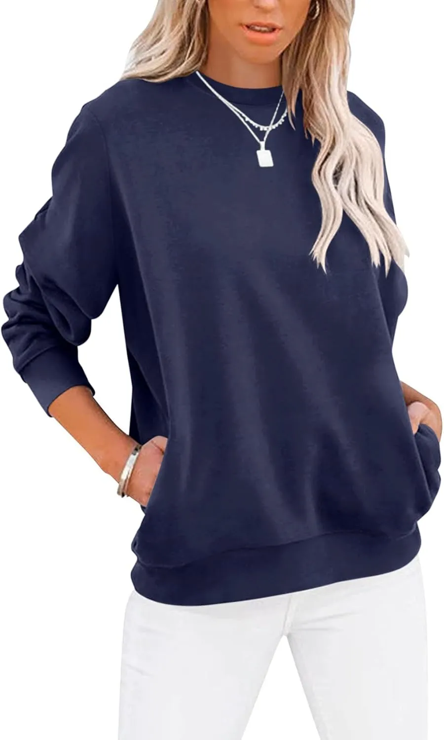 Women’s Casual Color Block Crewneck Sweatshirt – Loose Fit with Pockets