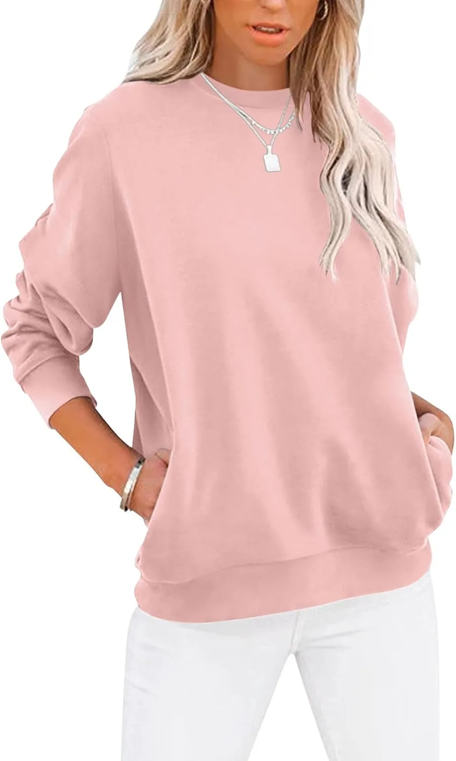 Women’s Casual Color Block Crewneck Sweatshirt – Loose Fit with Pockets