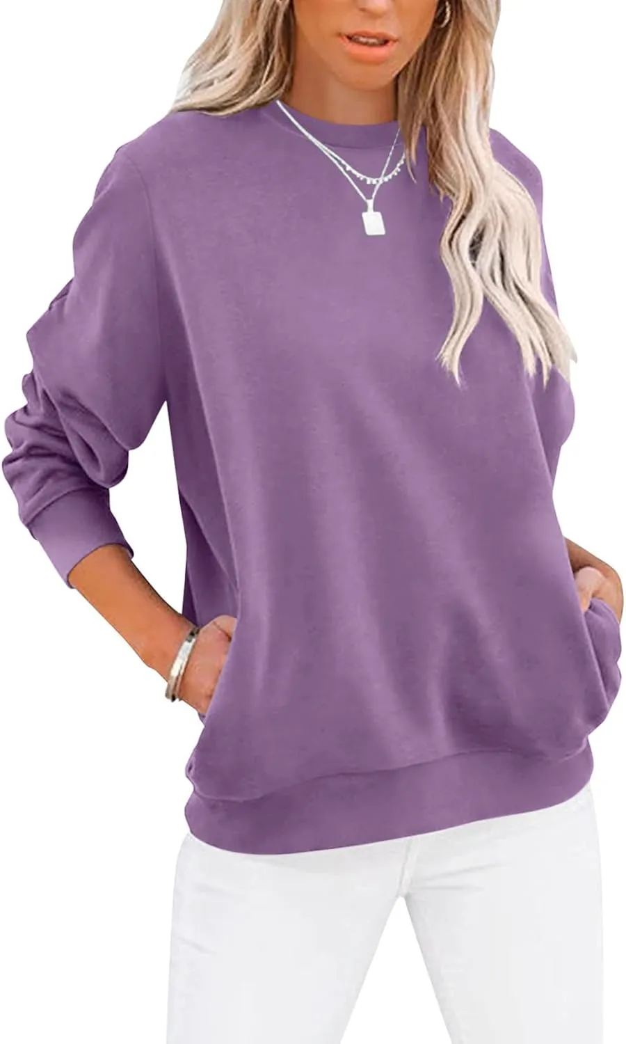 Women’s Casual Color Block Crewneck Sweatshirt – Loose Fit with Pockets