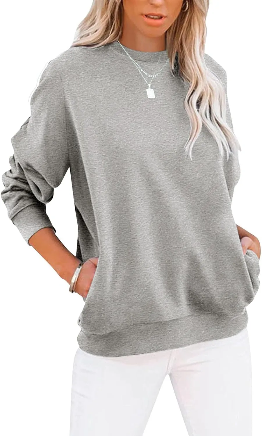 Women’s Casual Color Block Crewneck Sweatshirt – Loose Fit with Pockets