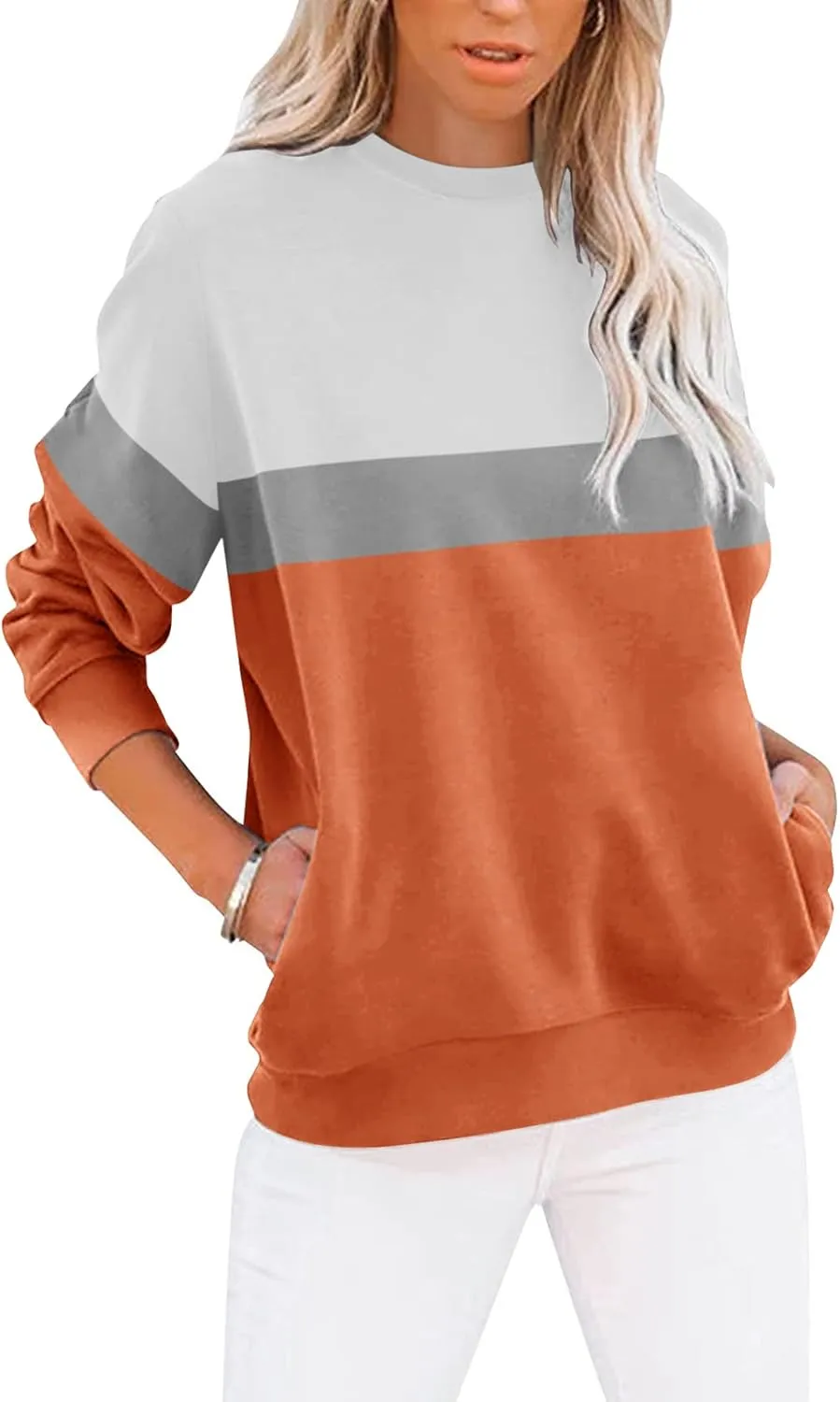 Women’s Casual Color Block Crewneck Sweatshirt – Loose Fit with Pockets