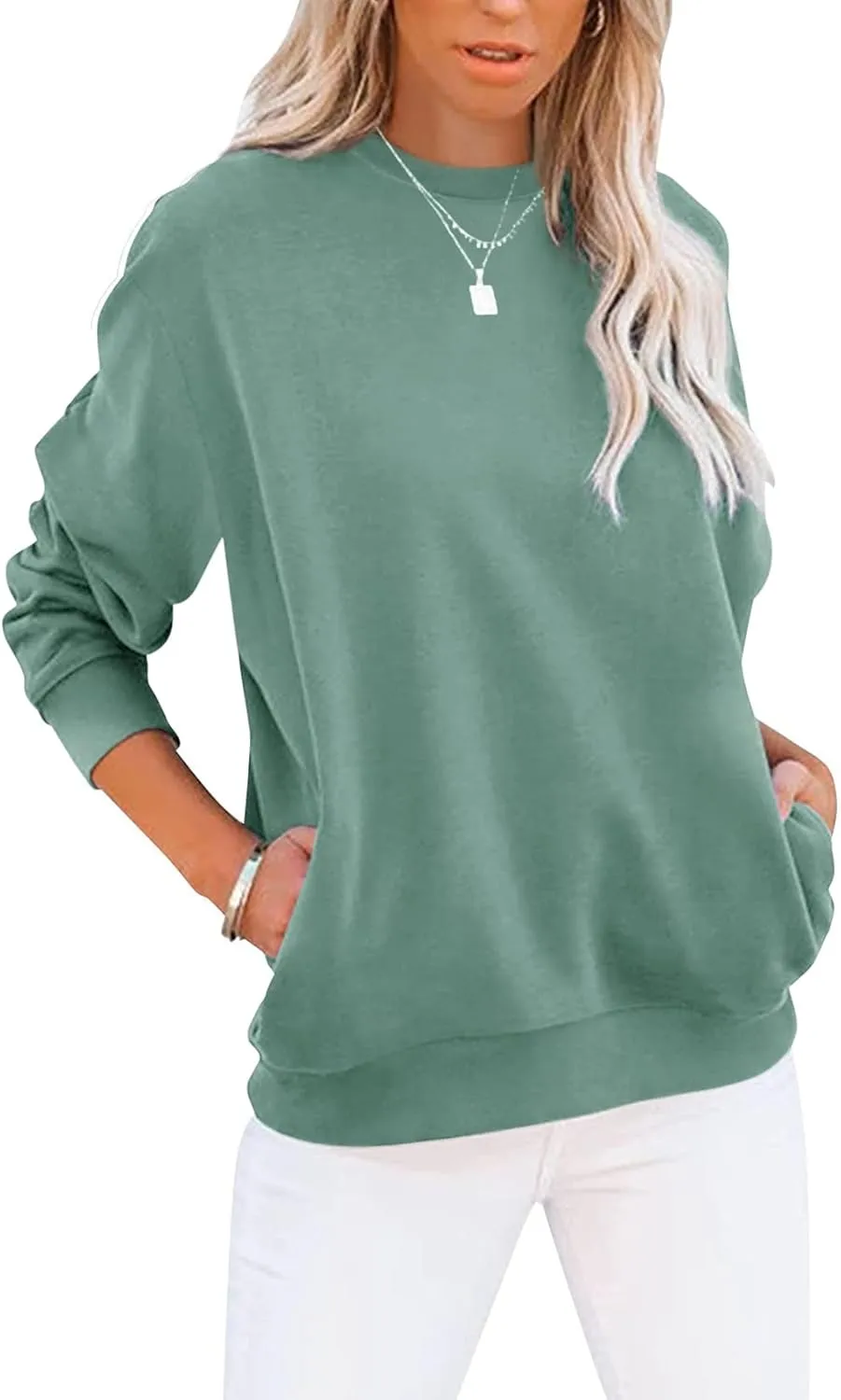 Women’s Casual Color Block Crewneck Sweatshirt – Loose Fit with Pockets