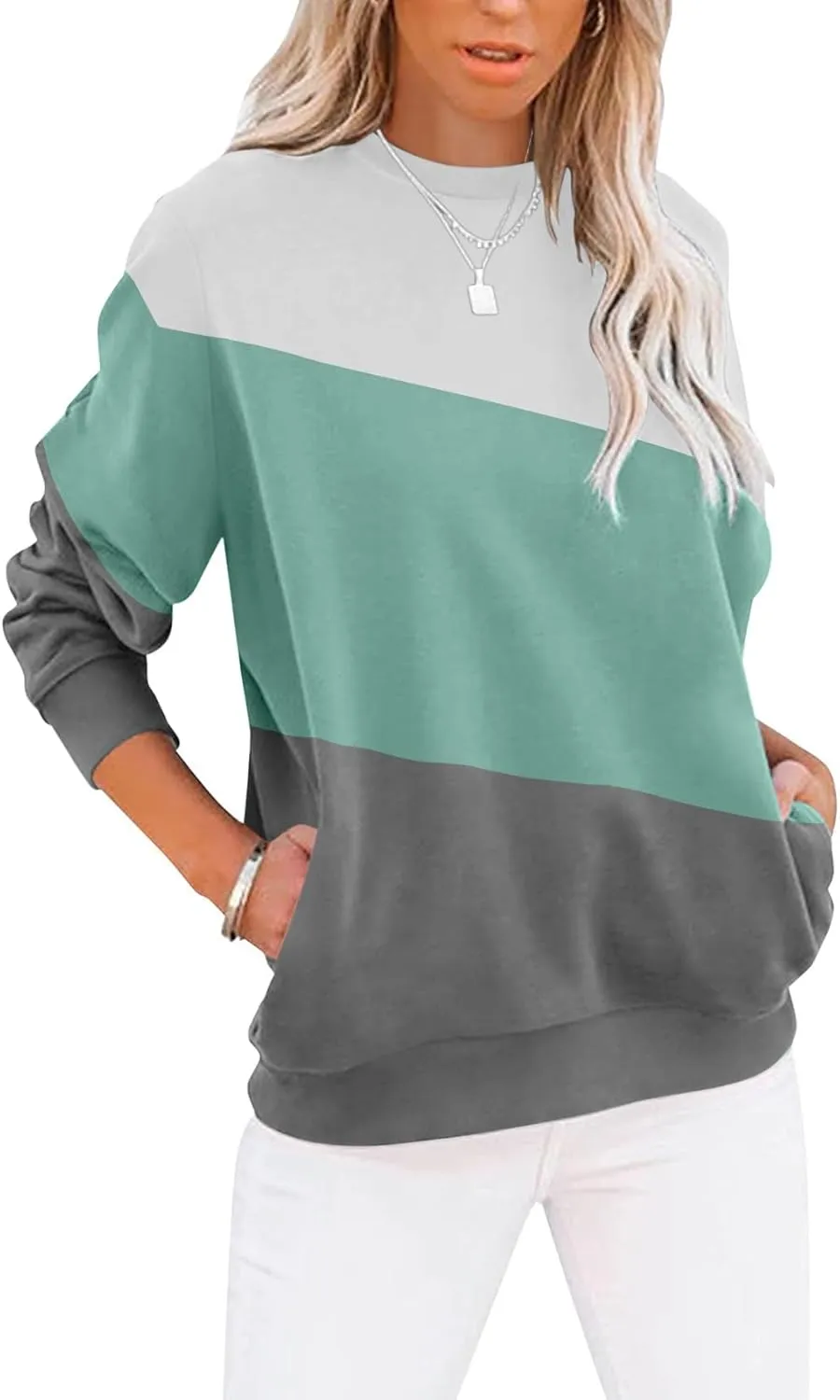 Women’s Casual Color Block Crewneck Sweatshirt – Loose Fit with Pockets