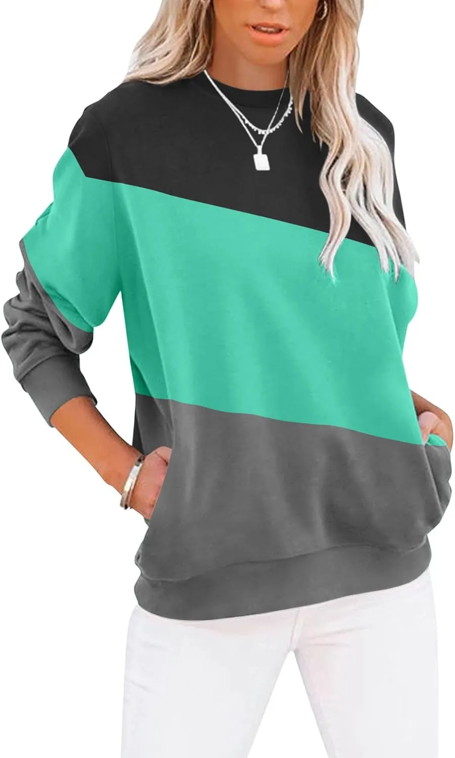 Women’s Casual Color Block Crewneck Sweatshirt – Loose Fit with Pockets