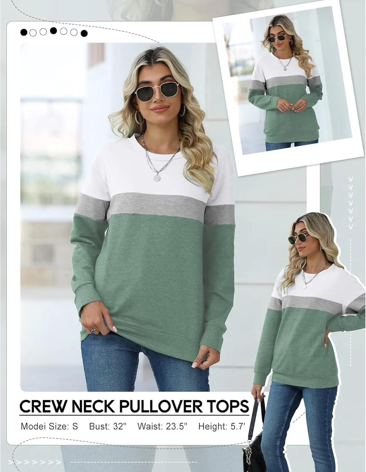 Women’s Casual Color Block Crewneck Sweatshirt – Loose Fit with Pockets