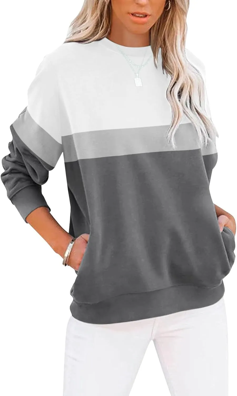 Women’s Casual Color Block Crewneck Sweatshirt – Loose Fit with Pockets