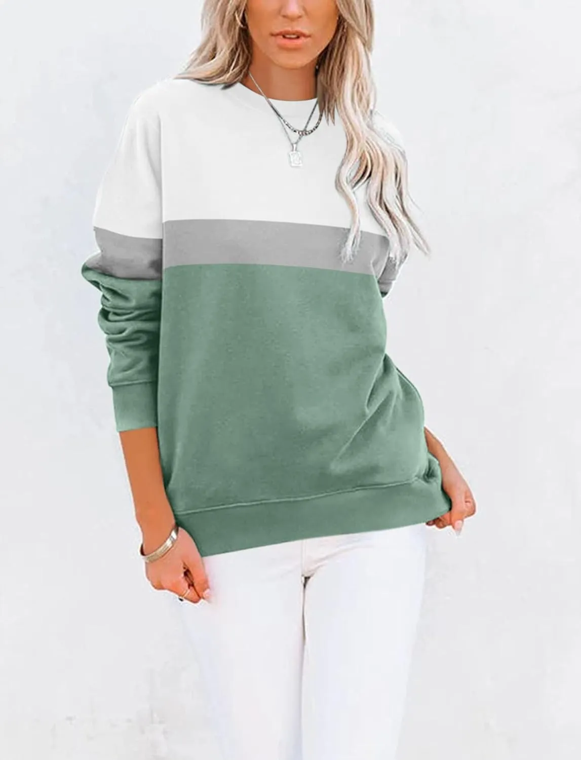 Women’s Casual Color Block Crewneck Sweatshirt – Loose Fit with Pockets