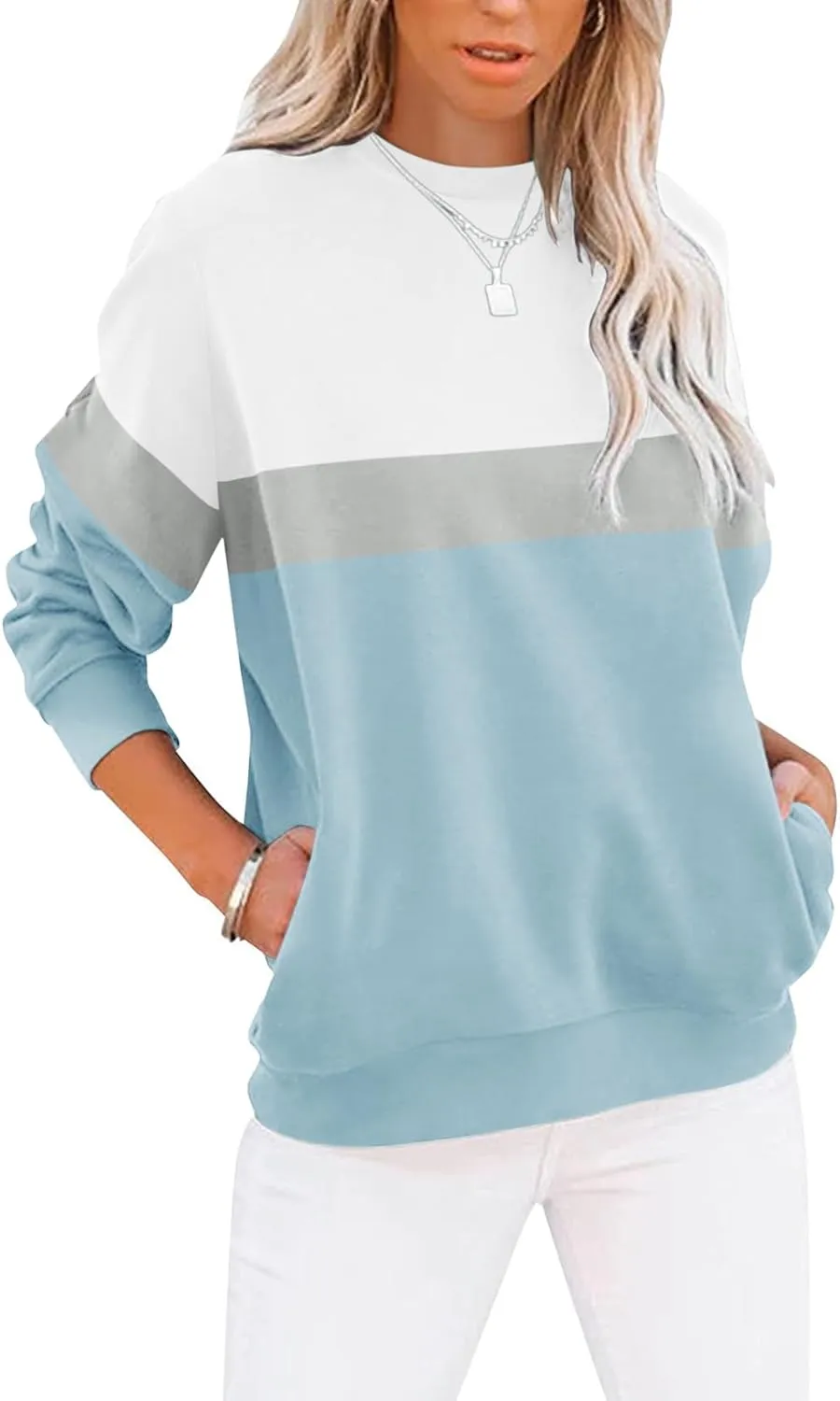 Women’s Casual Color Block Crewneck Sweatshirt – Loose Fit with Pockets