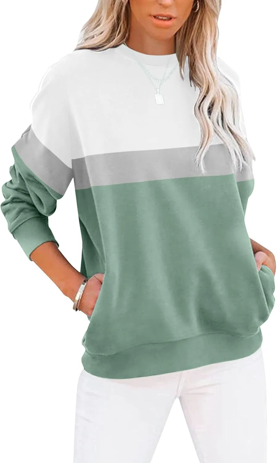 Women’s Casual Color Block Crewneck Sweatshirt – Loose Fit with Pockets