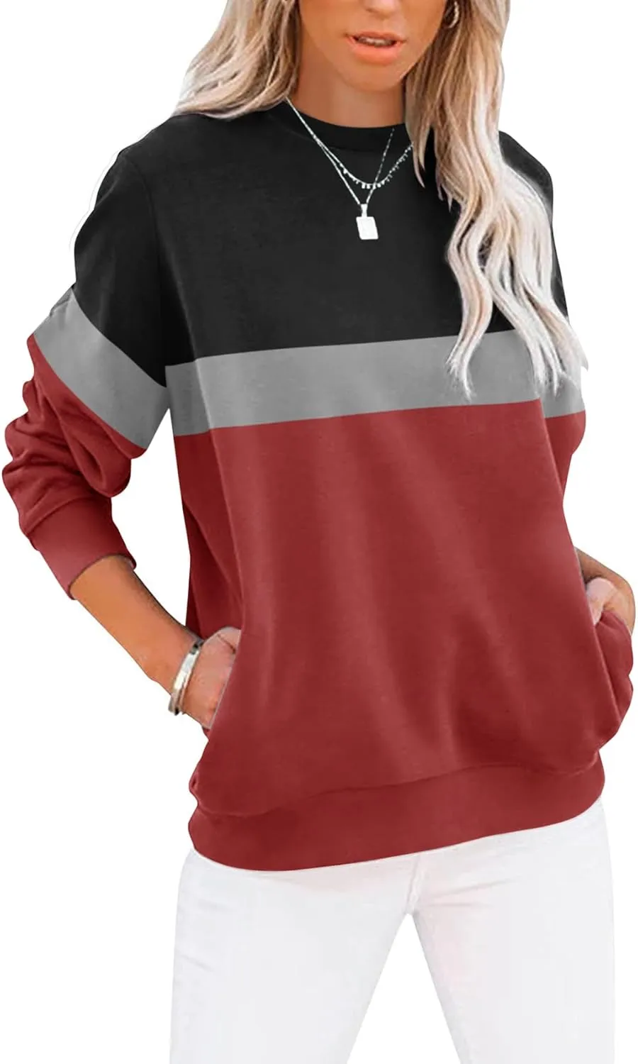 Women’s Casual Color Block Crewneck Sweatshirt – Loose Fit with Pockets