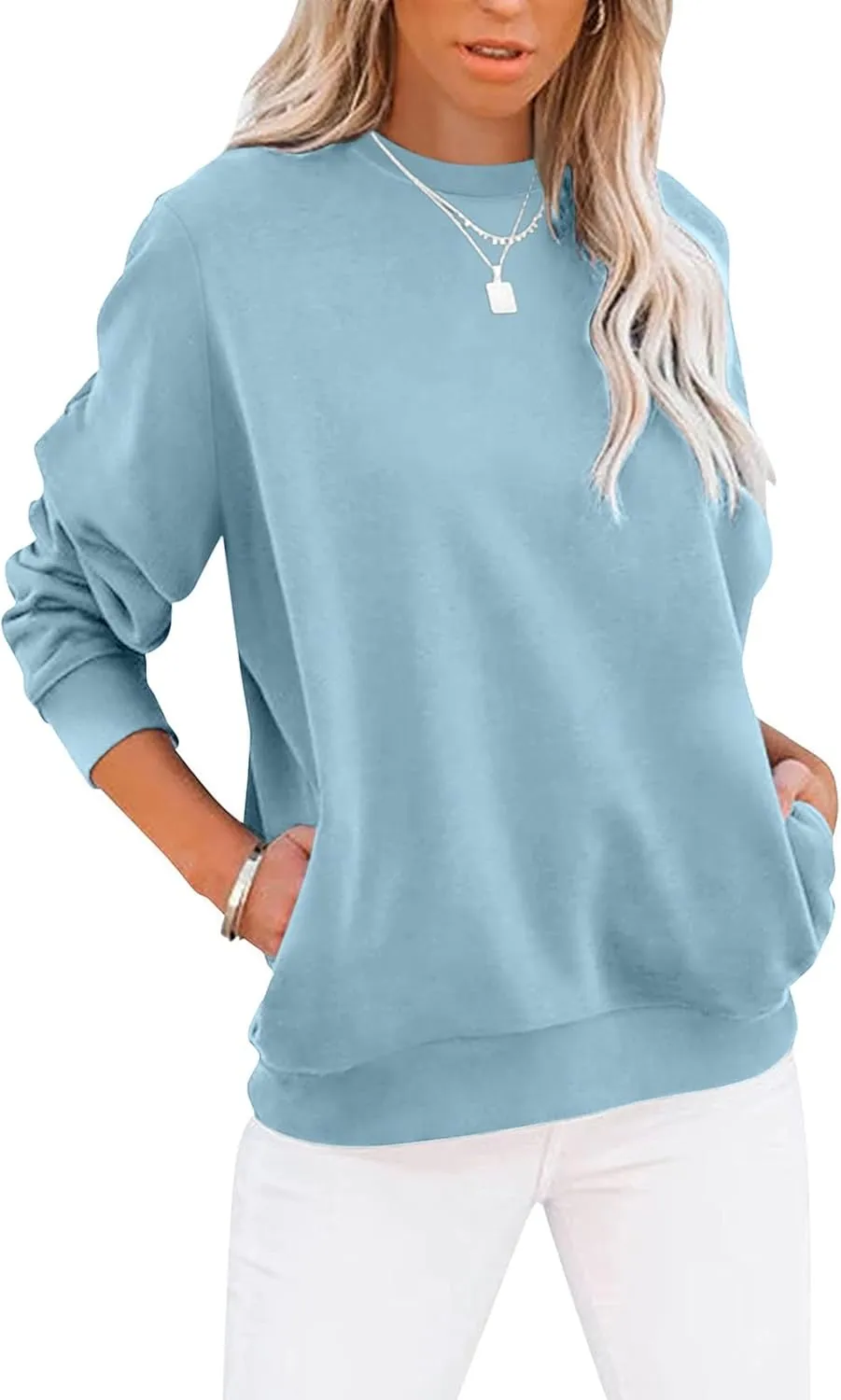 Women’s Casual Color Block Crewneck Sweatshirt – Loose Fit with Pockets