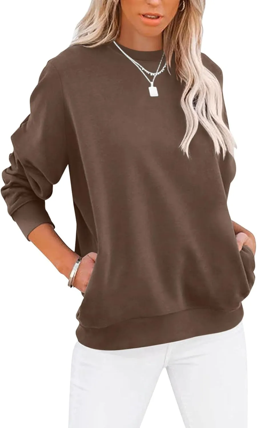 Women’s Casual Color Block Crewneck Sweatshirt – Loose Fit with Pockets