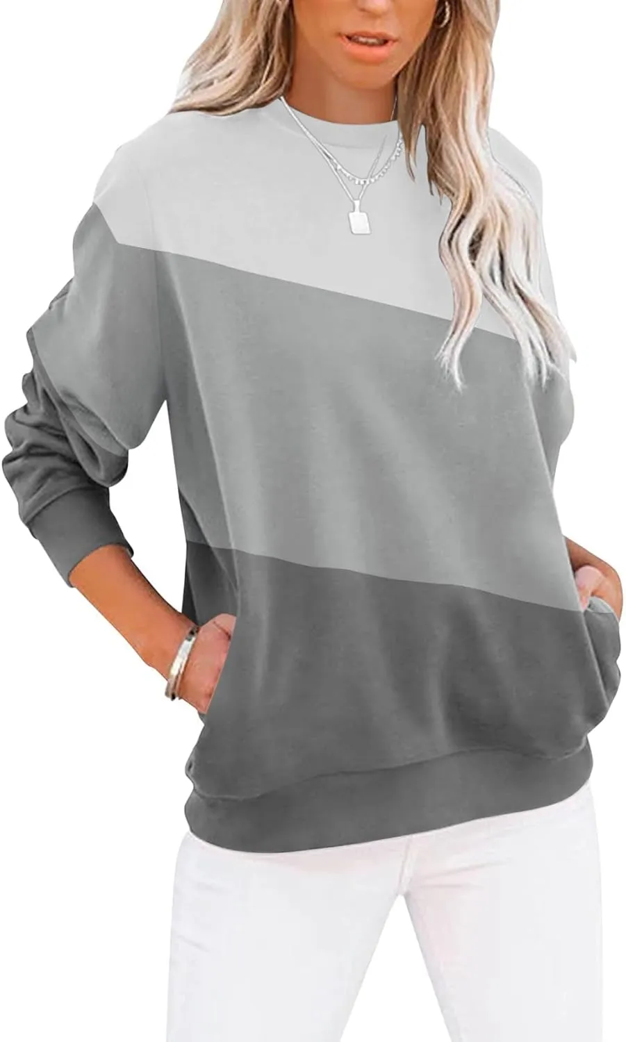 Women’s Casual Color Block Crewneck Sweatshirt – Loose Fit with Pockets