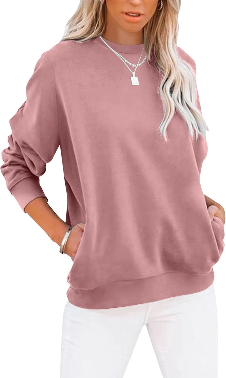 Women’s Casual Color Block Crewneck Sweatshirt – Loose Fit with Pockets