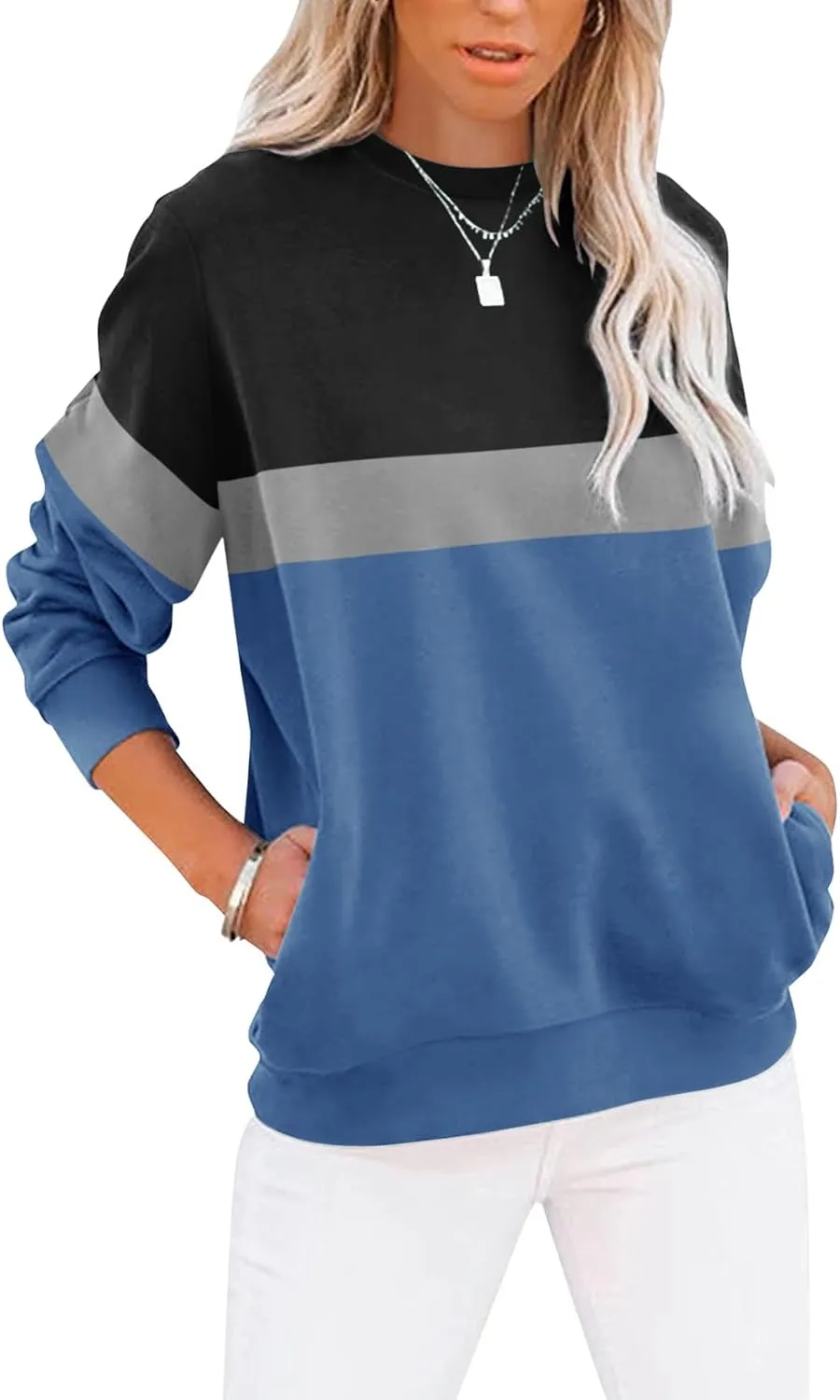 Women’s Casual Color Block Crewneck Sweatshirt – Loose Fit with Pockets