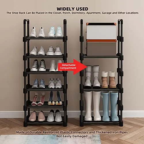 Yosoo Shoe Rack Tall Shoe Rack for Storage Shelf Space Saving Large Shoe Tower Durable Black Metal Stackable Shoe Cabinet with Hooks (1 Column 5 Layers)